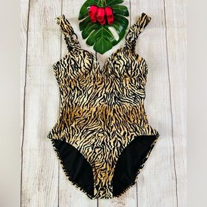 Beach Bay Vintage Women’s Animal Print Open Back One Piece Swimsuit Size 10
